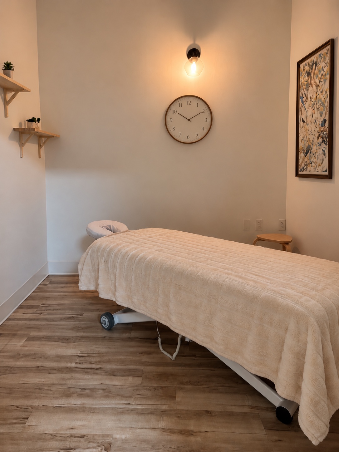 ChiMe treatment room with warm lighting, a wall clock, and a cream-covered massage table