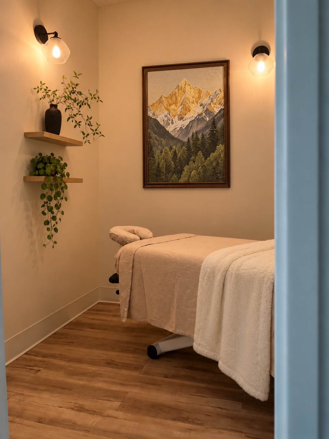 ChiMe treatment room with a mountain print, plants, and a softly lit massage table