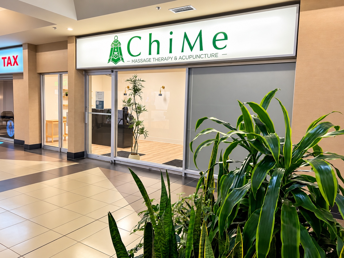 ChiMe storefront and illuminated clinic sign inside the Courts of St. James shopping centre